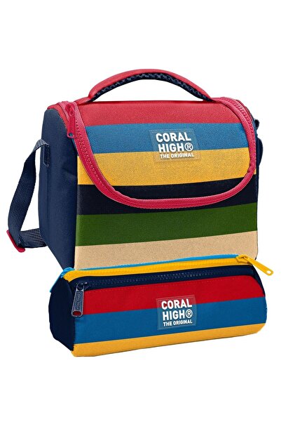 Coral High مجموعة صندوق الغداء وحامل القلم بثلاثة أقسام - للأولاد بنمط خطوط م...
