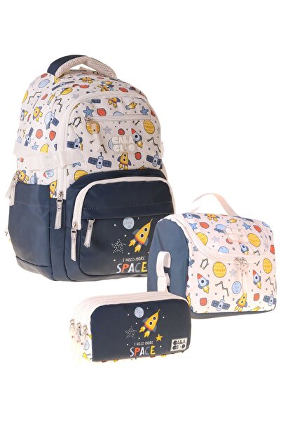 CalaCilo Space Printed Navy Blue Boys' Triple Primary School School Bag Set -...