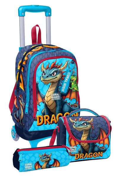 Coral High Trolley Wheeled Triple Primary School Bag Set Blue Yellow Dragon P...