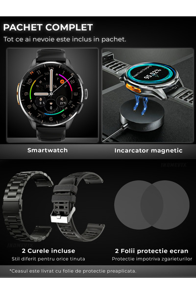 INOMEVIX Smartwatch Android pentru bărbați, AMOLED 1.6 ", SIM, 3GB+32GB, cameră 2MP, NFC, Negru