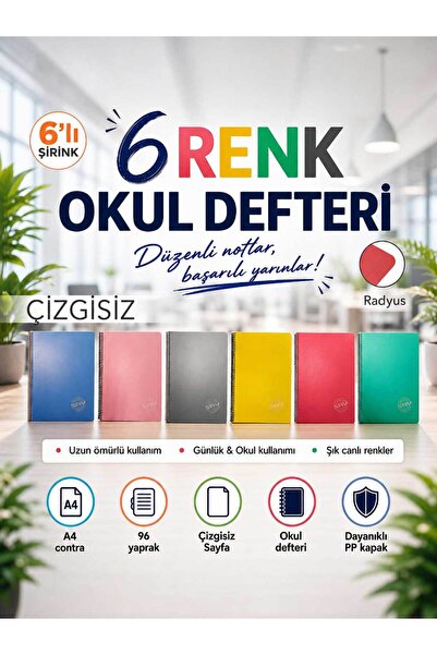 SRY Contra PP Kapak Spiralli 96 Yaprak A4 Çizgisiz 6 Adet Defter