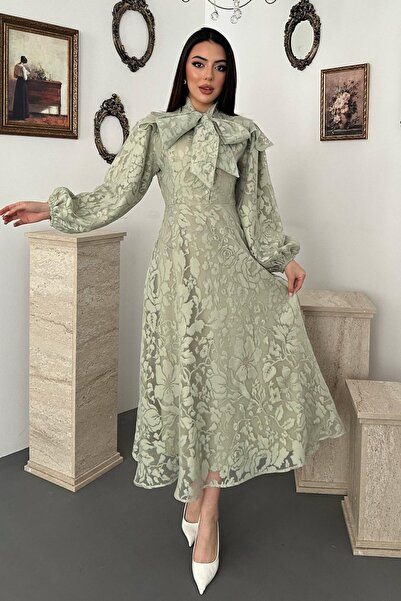 Caddebostan Moda Floral Patterned Long Sleeve Midi Dress with Scarf Collar De...