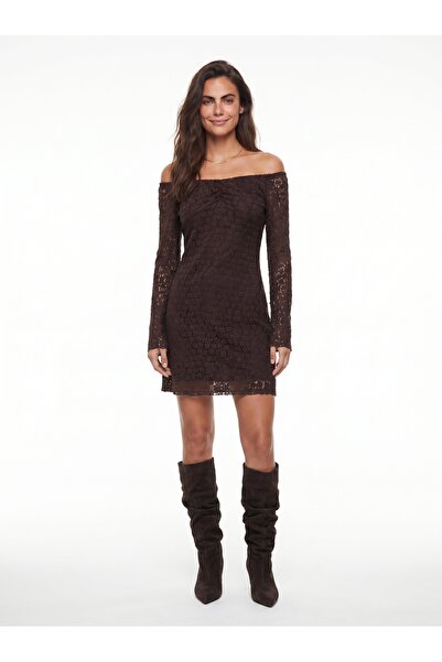 ONLOOX Brown Lace Textured Elastic Gathered Neckline Spanish Sleeve Lined A-L...