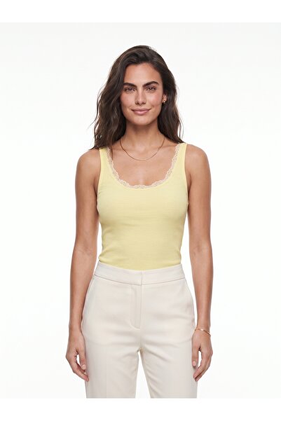 ONLOOX Lemon Yellow Cotton U-Neck Slim Fit Sleeveless Lace Detailed Flexible ...