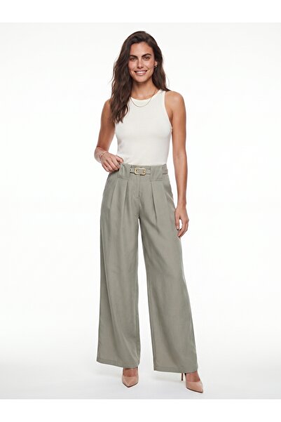ONLOOX Green Modal Fabric High Waist Wide Leg Pleated Belt Detailed Side Pock...