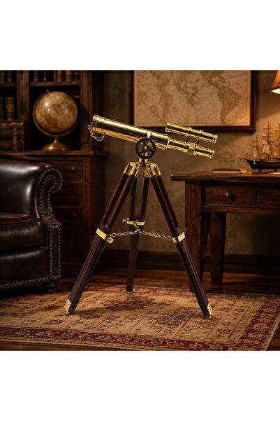 hediyeconcepti Tripod Ayaklı Dekoratif Teleskop – Pirinç Görünümlü Ahşap Stan...
