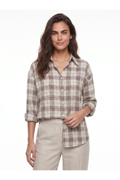ONLOOX Ecru Beige Cotton Shirt Collar Long Sleeve Relaxed Cut Plaid Patterned...