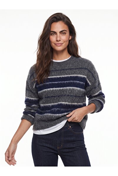 ONLOOX Anthracite Navy Blue Acrylic Blended Crew Neck Basic Form Ribbed Strip...