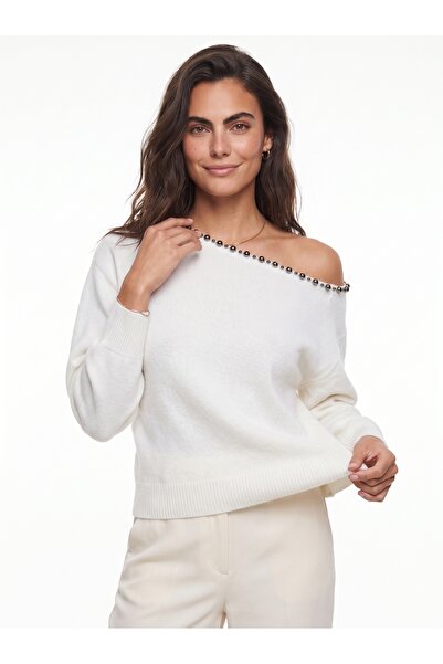 ONLOOX White Knitwear Acrylic Blend One-Shoulder Long Sleeve Knitwear Sweater...