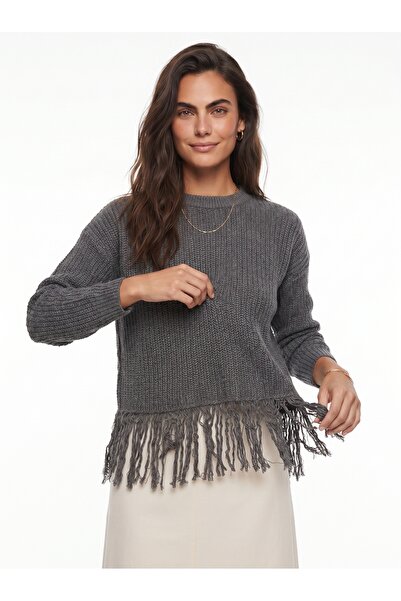 ONLOOX Gray Acrylic Blended Flexible Textured Crew Neck Sweater with Tassel a...