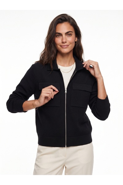 ONLOOX Black Knitwear Acrylic Blend Long Sleeve Zipper Closure Double Pocket ...