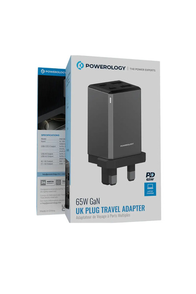 Powerology محول سفر بقابس بريطاني 65 واط بتقنية GaN باللون الرمادي