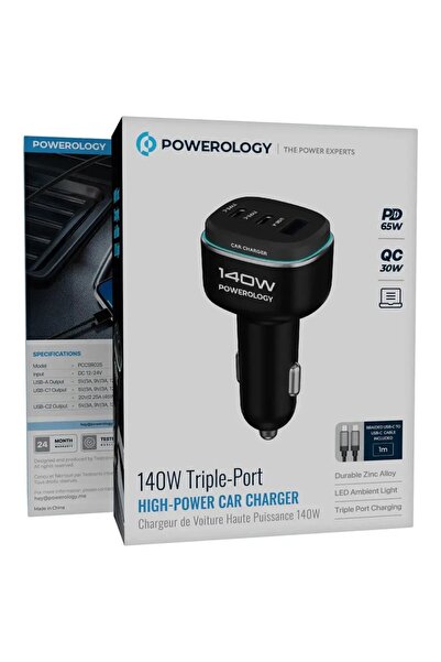 Powerology 140W Triple-Port High-Power Car Charger Black/ Grey