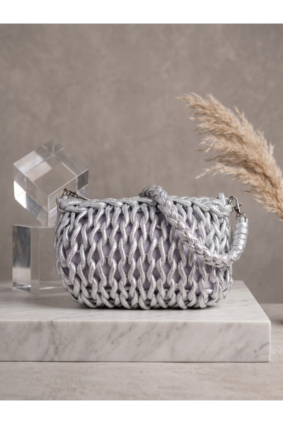 Luminos Butik Ασημένια ψάθινη τσάντα με πλέξη αλυσίδας CNT1128