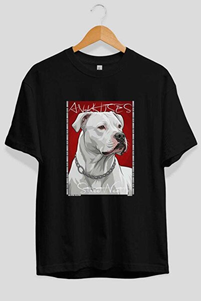 Ankhises For Dog Lovers 41 Front Dog Printed Black Oversize T-Shirt 100% Cott...