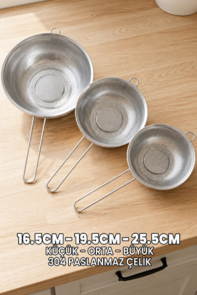 (SET of 3) Stainless Steel Strainer with Handle - Professional 304 Quality Stainless Steel - Extra Quality Lifetime Strainer - Small, Medium, Large