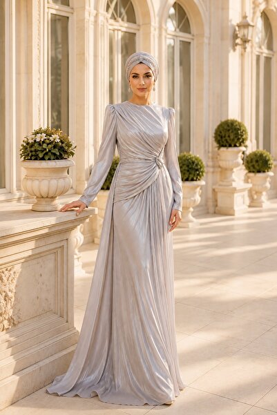 Rain and River Draped hijab evening dress with stone buckle