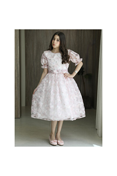 HAWRAA ABAYA Girls' Pink Plaid Dress with Collar and Bow Belt at Waist - 1272