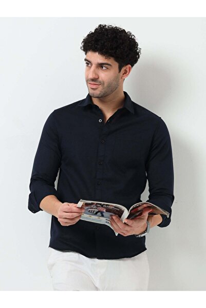 THE SOUTHZ Classic Navy Blue Cotton Linen Solid Full Sleeve Shirt