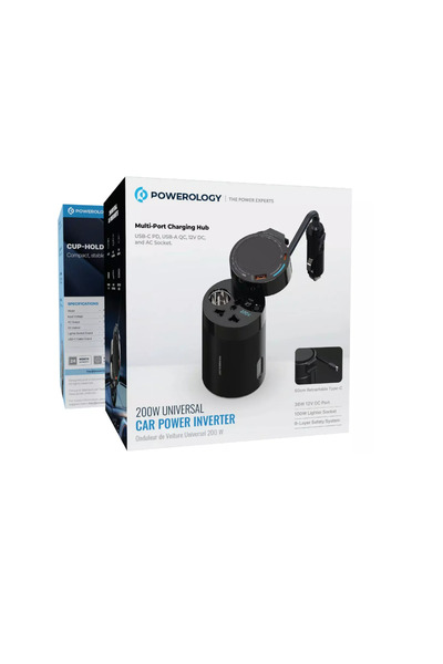 Powerology محول طاقة عالمي للسيارة بقوة 200 واط باللون الأسود