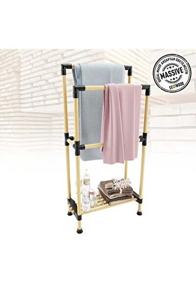 elif aksesuar Wooden Bathroom Towel Holder with Shelf 2 Hangers 48 Cm Width