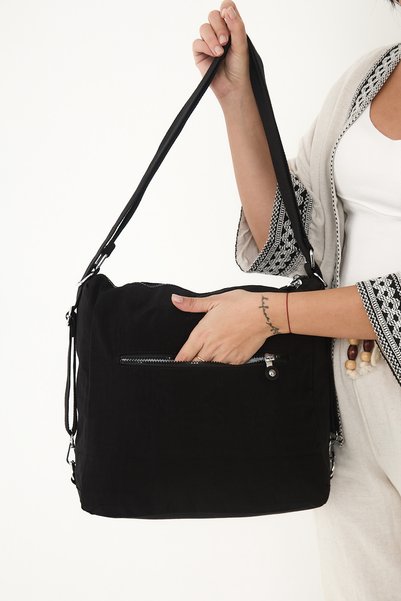 Ayax Black Women's 7-Compartment Crinkle Fabric Water-Resistant Shoulder and Backpack Bag