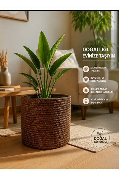 Ckdesign Doğal Simli Kahve Saksı Sepeti Bohem Balkon Salon Dekoru 25×25
