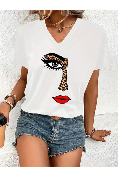 JENOLAN Women's V-Neck White Black Printed Oversized Loose T-Shirt