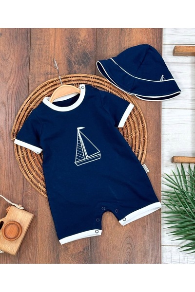 ASİLA Baby Boy Sailing Embroidered Summer Jumpsuit with Hat and Snap Fastener...