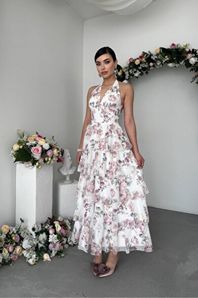 Caddebostan Moda Floral Patterned Strappy Layered Midi Dress Stylish Summer E...