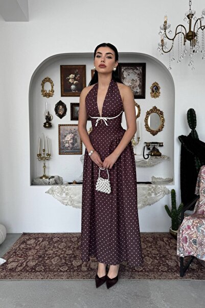 Caddebostan Moda Polka Dot Patterned Strap Midi Dress with Bow Detail