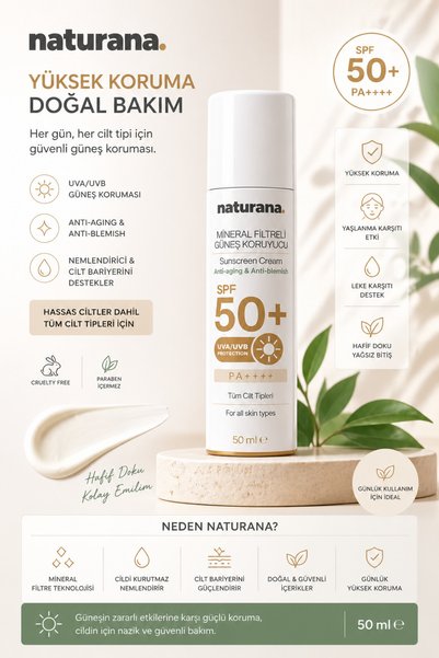 Naturana Mineral Filtreli Doğal Güneş Kremi Yüksek Koruma Anti-aging Anti-blemish Yaşlanma Leke Karşıtı SPF 50+ UVA UVB PA++++ 50 ML