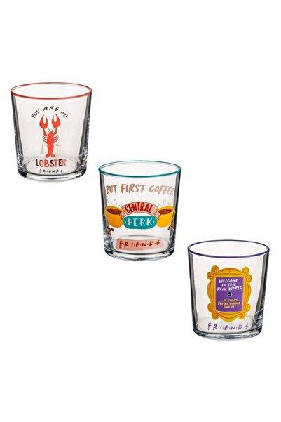 Friends Set 3 pahare scurte din sticlă 380 ml, design colorat pentru apă și b...