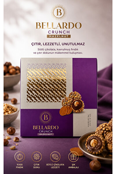 BELLARDO Crunch Hazelnut Fındıklı Gofret Atıştırmalık Toplar 200 Gr-Hediyelik...