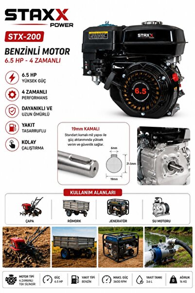 STAXX POWER Çok Amaçlı Benzinli Motor 6.5 HP 4 Zamanlı Çapa Su Motoru Jenerat...