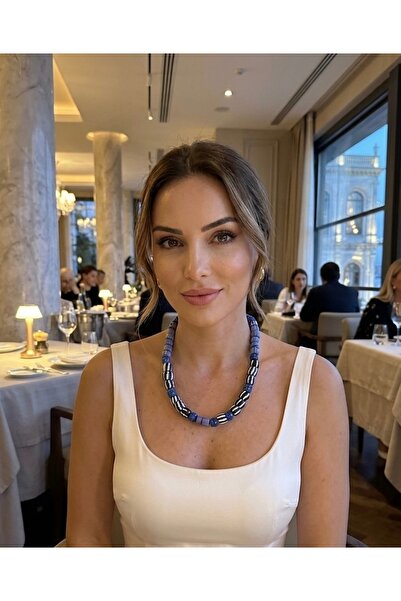 Hello Neo Jewelry Siyah Beyaz Lacivert Çizgili Afrika Boncuklu Kadın Kolye