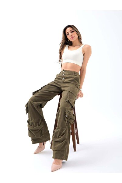 CKM MODA Gela Cargo Pocket Loose Trousers Khaki