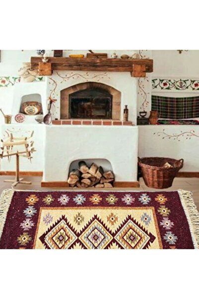Kotonia Home Covor țesut - Decor tradițional, 60x150 cm, fundal bordo și nuan...