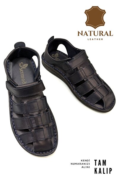 Generic Brand 100% Genuine Leather Closed Toe Men's Sandals Navy Blue