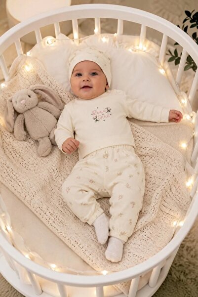 Tuğra Bebe Rose Girl Embroidered Hat, Sweatshirt and Pants 3-Piece Baby Girl Set