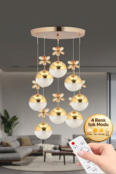 Lumia Lighting Vera Model 8'li Gold Kumandalı 3 Renk Modu Kristal Taşlı Moder...