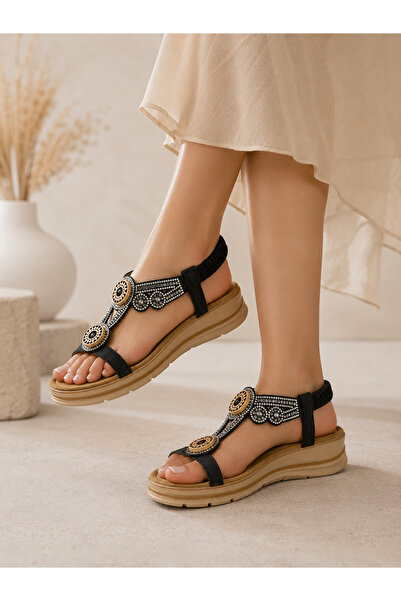 Kadın Etnik Taş İşlemeli Dolgu Taban Comfort Sandalet