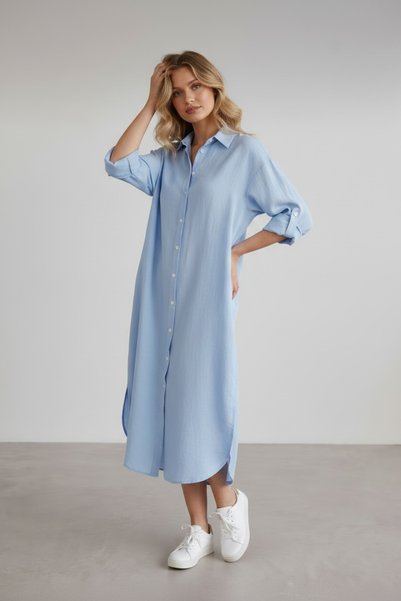 Cassime Women's Baby Blue Long Shirt Muslin 100% Cotton Oversize Dress - Without Belt