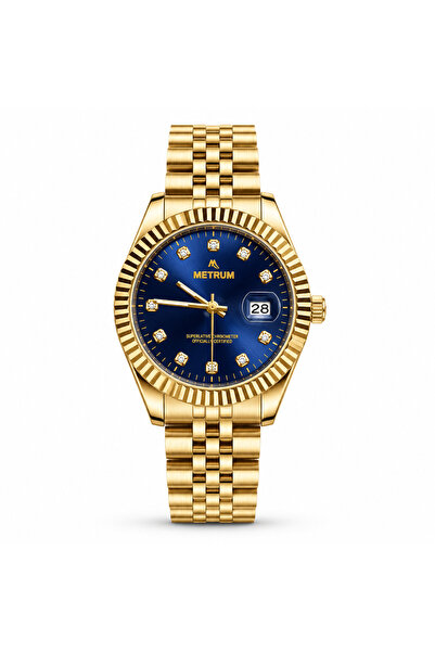 MTR303020 Erkek Kol Saati Saati Full Gold Mavi Zirkon Taşlı - Mavi Kadran Gold Fluted Bezel Tarihli Jubilee Gold Kordon Takvimli Erkek Saat