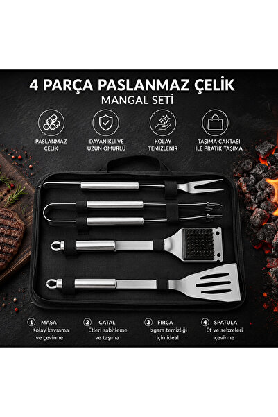 Altınkayaticaret Paslanmaz Çelik Barbekü Mangal Aletleri Seti Maşa, Çatal, Sp...