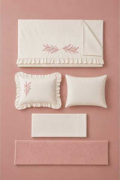 İK TEKSTİL Trigo Pudra Flower Embroidered Cotton Duvet Cover Set 5 Piece Modern Single Set with Runner