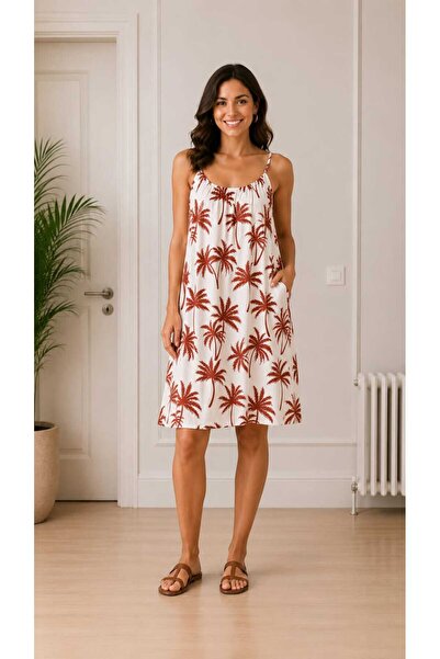 NO BRAND Rochie de Vară Scurtă Albă cu Imprimeu Palmieri Cărămizii, Mărimea 4XL