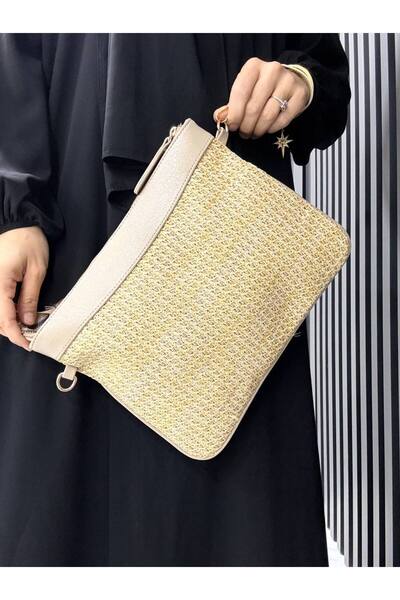 H&D COLLECTİON Wicker Handbag and Portfolio Clutch Bag with Long Strap, Suita...