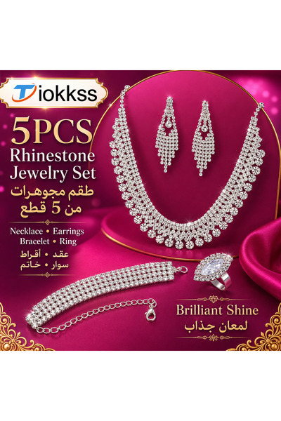 Tiokkss 5PCS Women Rhinestone Jewelry Set, Silver Crystal-Look Necklace Earri...