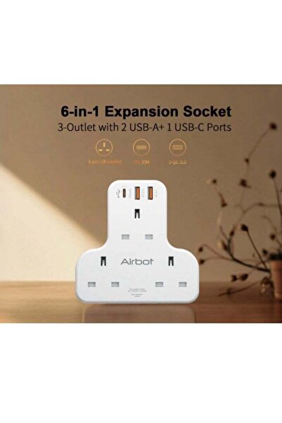 Airbot Air 3C-PD Multi Extension Socket 3250W 3 Way Socket Power Adaptor Multi Plug Extension ith USB + Type-C PD Extender Outlet Adaptor Plug Extens